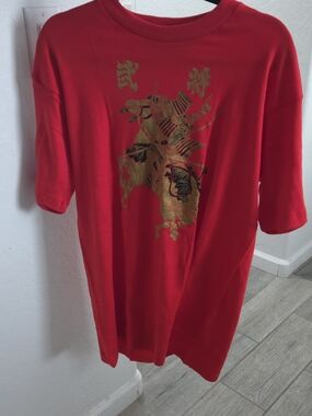 Vintage Japanese Samurai Bushō Graphic T-Shirt - Red/Gold - Size LL